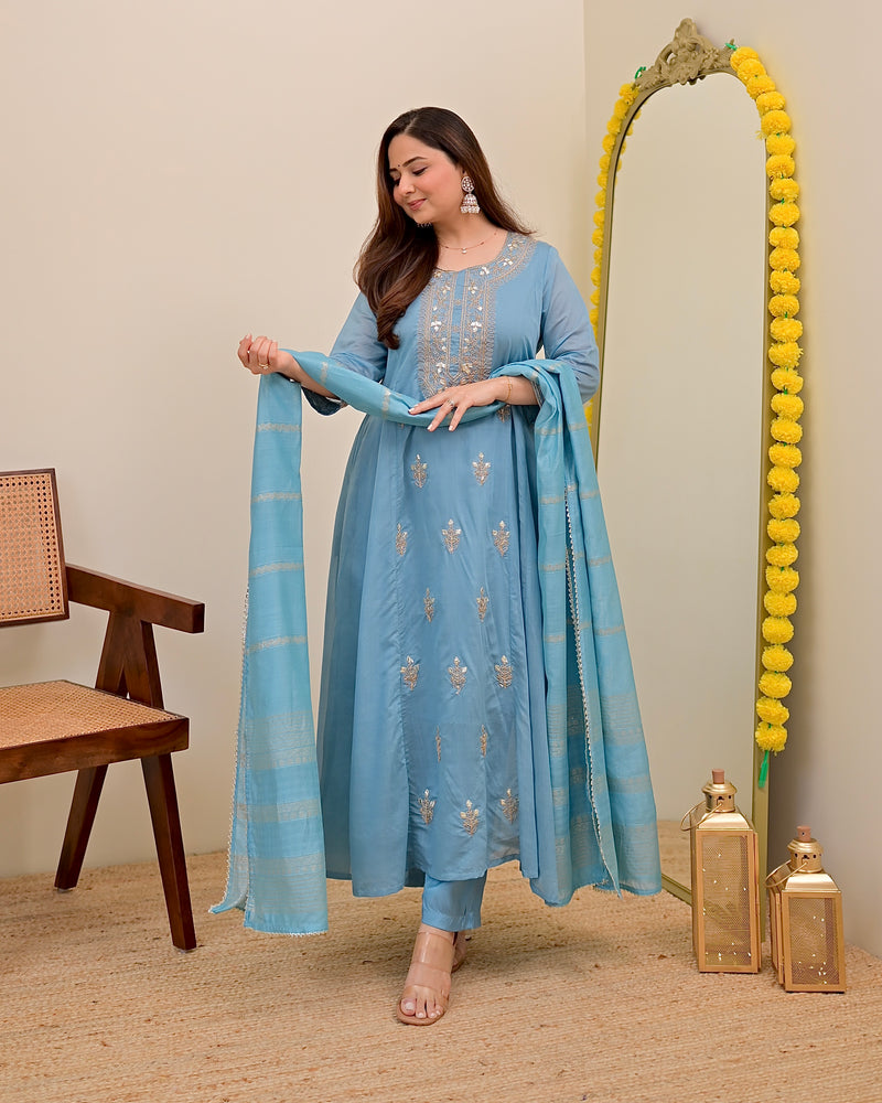 Sky Blue Mul Chanderi Handwork A Line Festive Suit