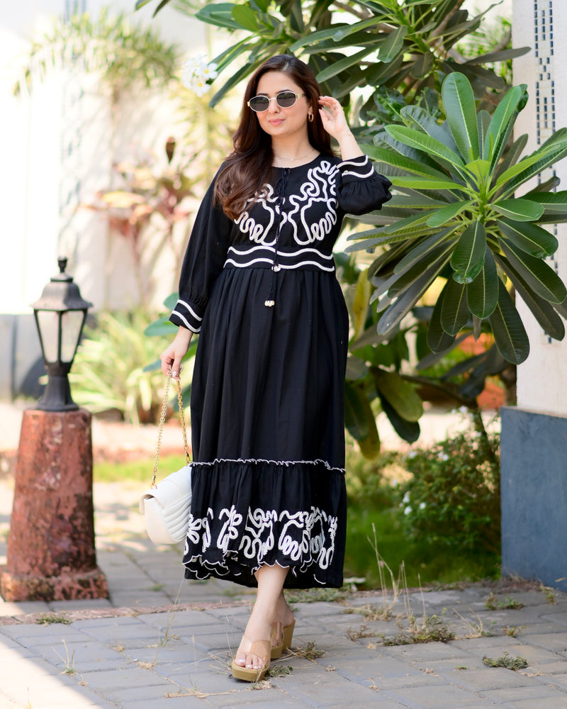 Black A Line Threadwork Cotton Belt Dress