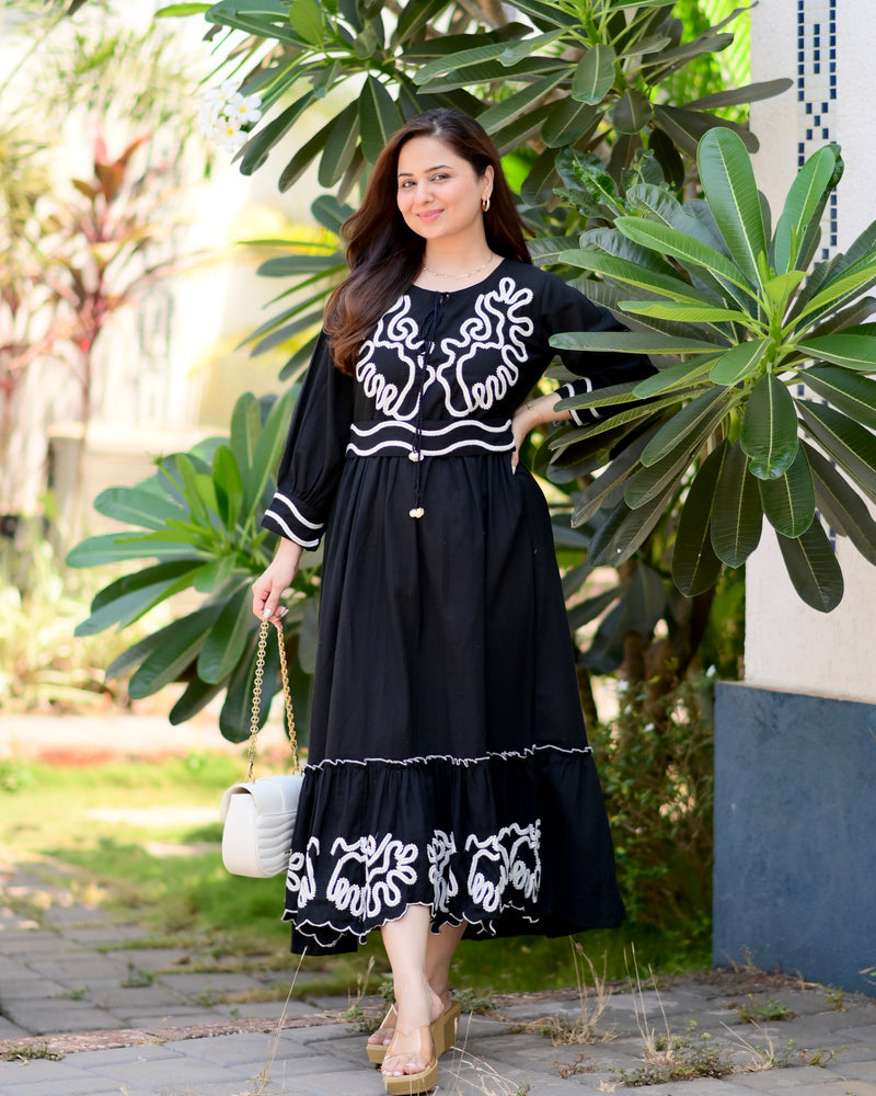 Black A Line Threadwork Cotton Belt Dress