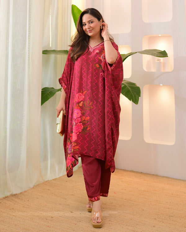 Wine Whisper Kaftan Handwork Crepe Co-ord