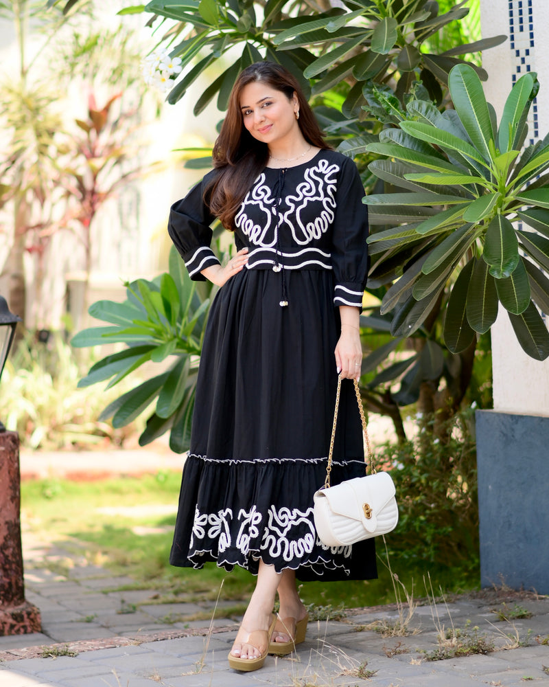 Black A Line Threadwork Cotton Belt Dress
