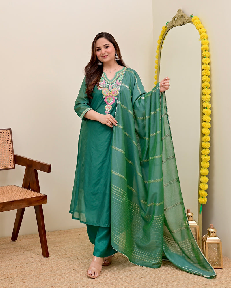 Opal Green Handwork Mul Chanderi Festive Suit