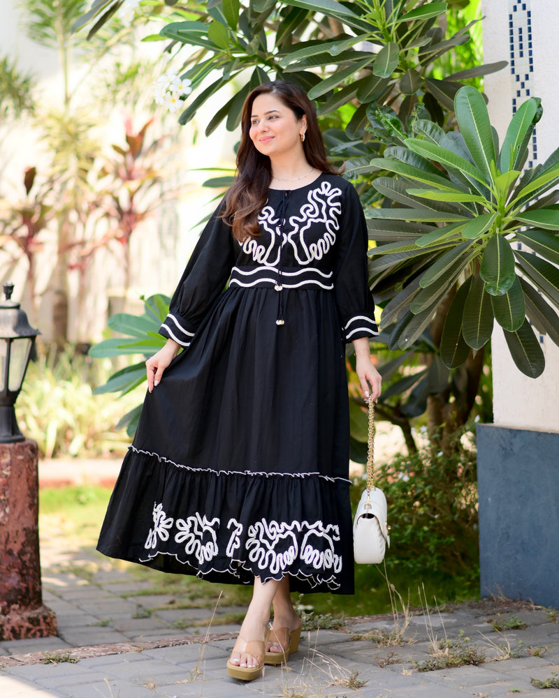Black A Line Threadwork Cotton Belt Dress
