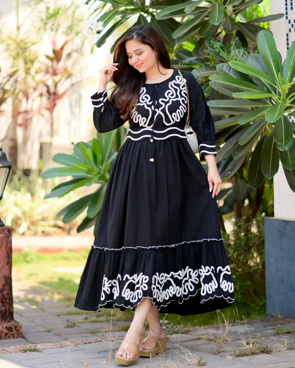 Black A Line Threadwork Cotton Belt Dress