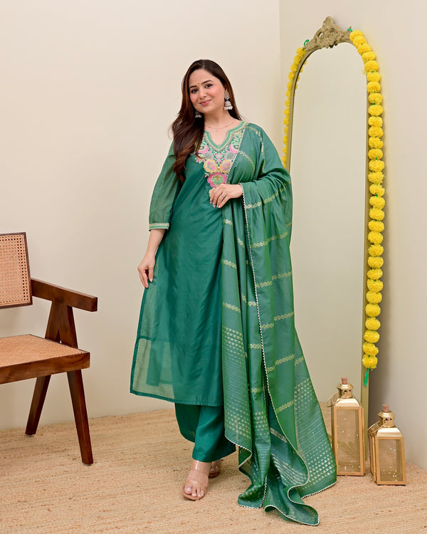 Opal Green Handwork Mul Chanderi Festive Suit
