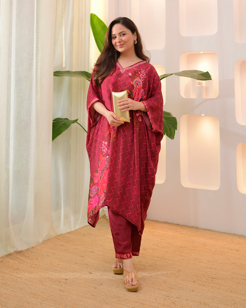 Wine Whisper Kaftan Handwork Crepe Co-ord