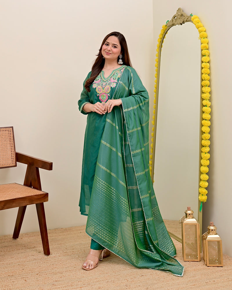 Opal Green Handwork Mul Chanderi Festive Suit