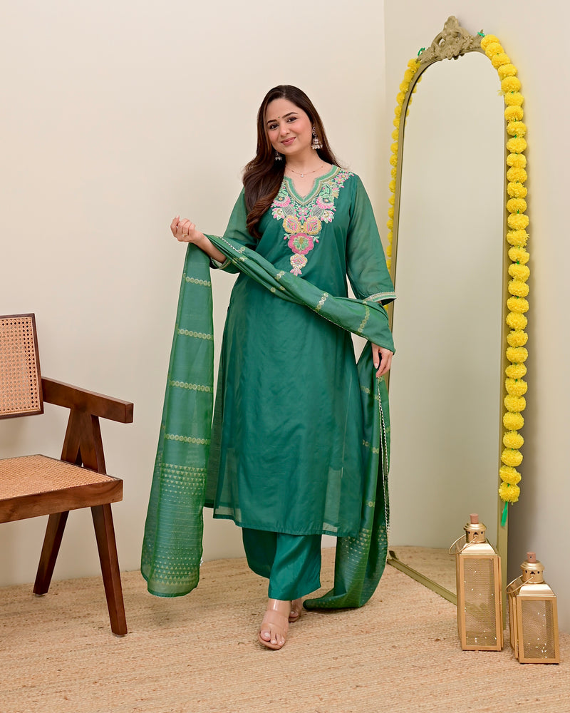 Opal Green Handwork Mul Chanderi Festive Suit