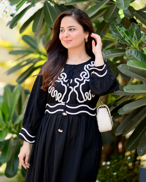 Black A Line Threadwork Cotton Belt Dress