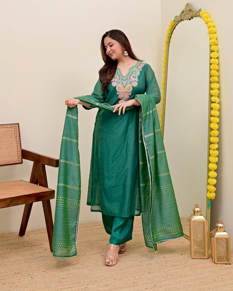 Opal Green Handwork Mul Chanderi Festive Suit