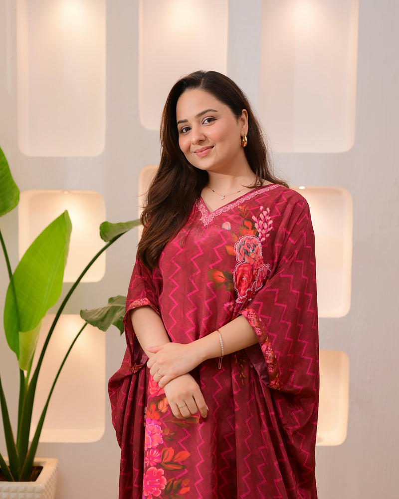 Wine Whisper Kaftan Handwork Crepe Co-ord