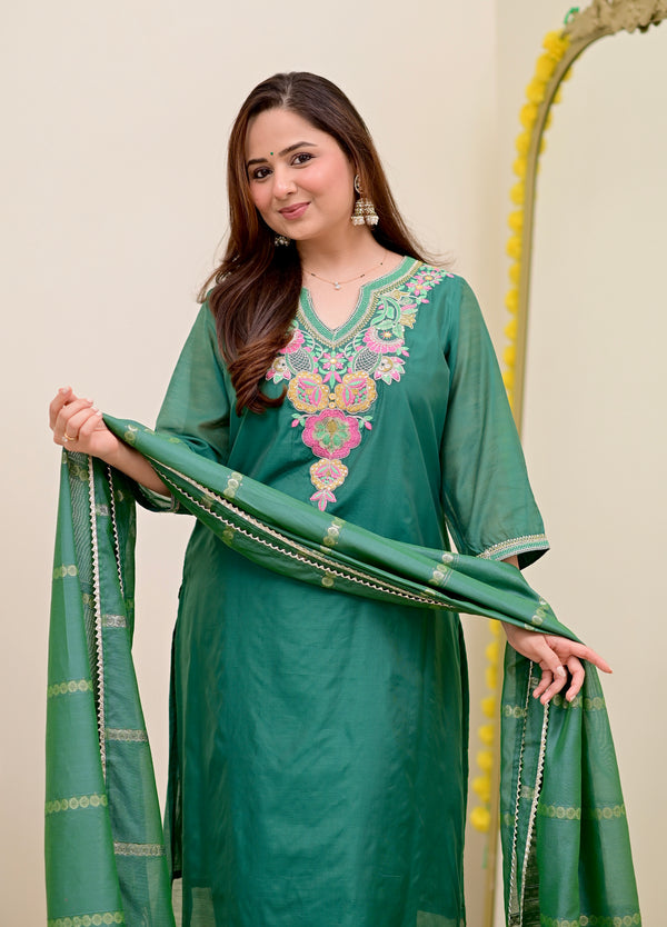 Opal Green Handwork Mul Chanderi Festive Suit