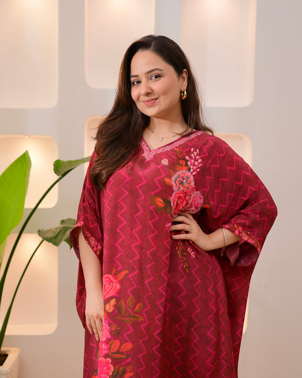 Wine Whisper Kaftan Handwork Crepe Co-ord