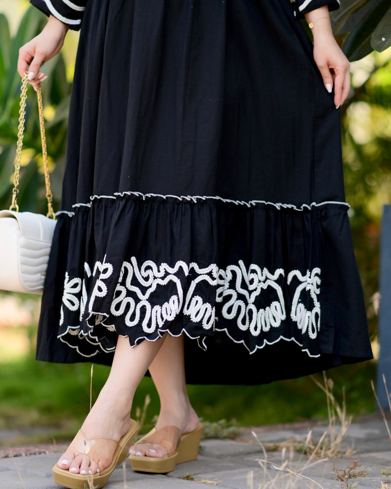 Black A Line Threadwork Cotton Belt Dress
