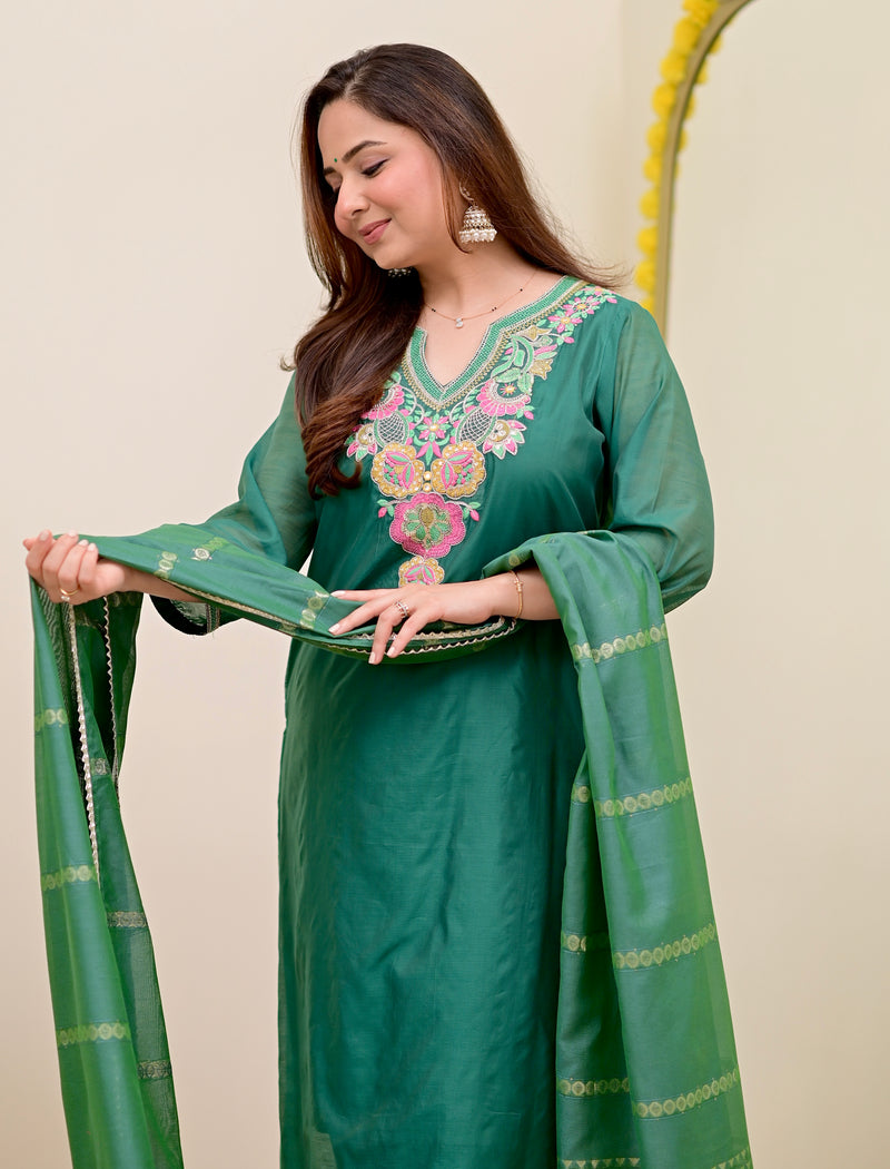 Opal Green Handwork Mul Chanderi Festive Suit