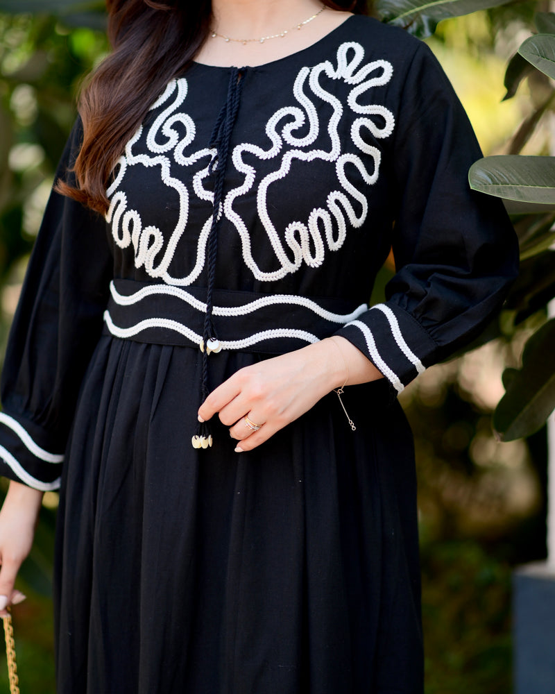 Black A Line Threadwork Cotton Belt Dress