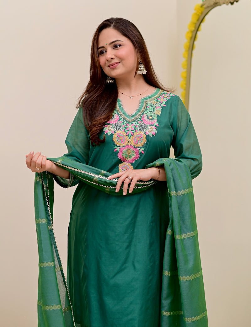 Opal Green Handwork Mul Chanderi Festive Suit