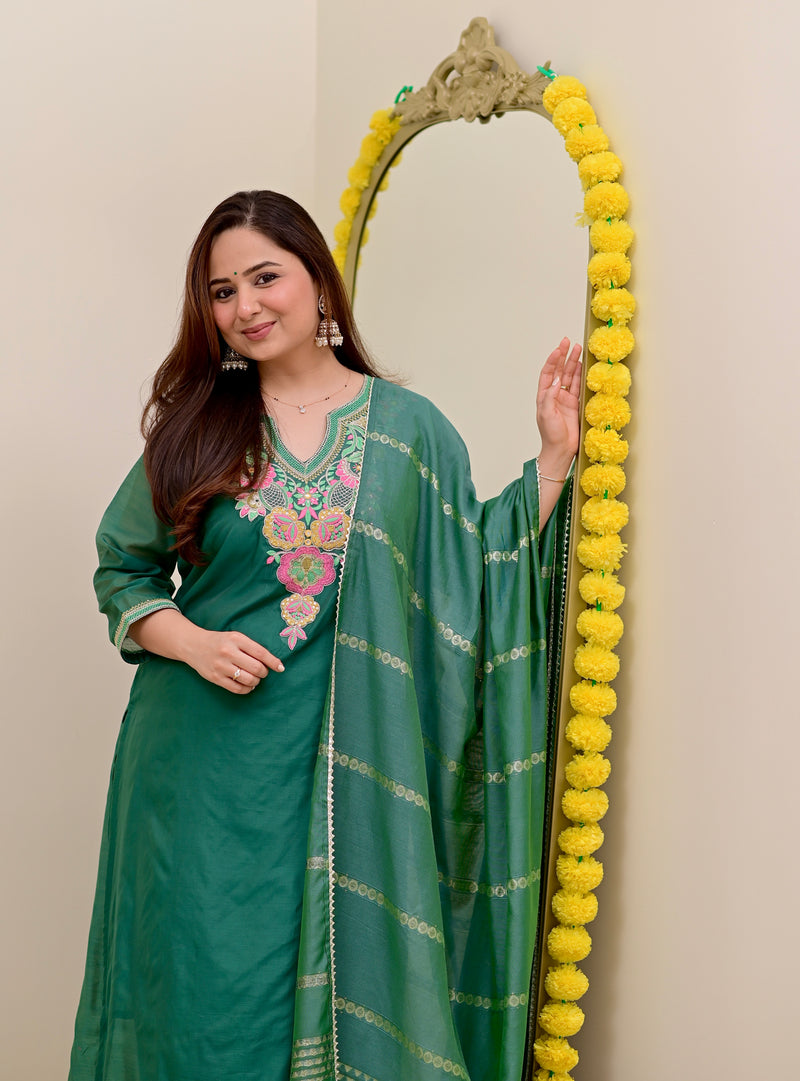 Opal Green Handwork Mul Chanderi Festive Suit
