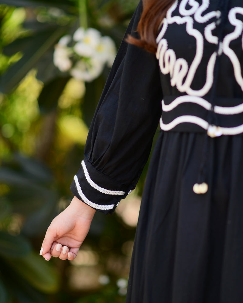Black A Line Threadwork Cotton Belt Dress