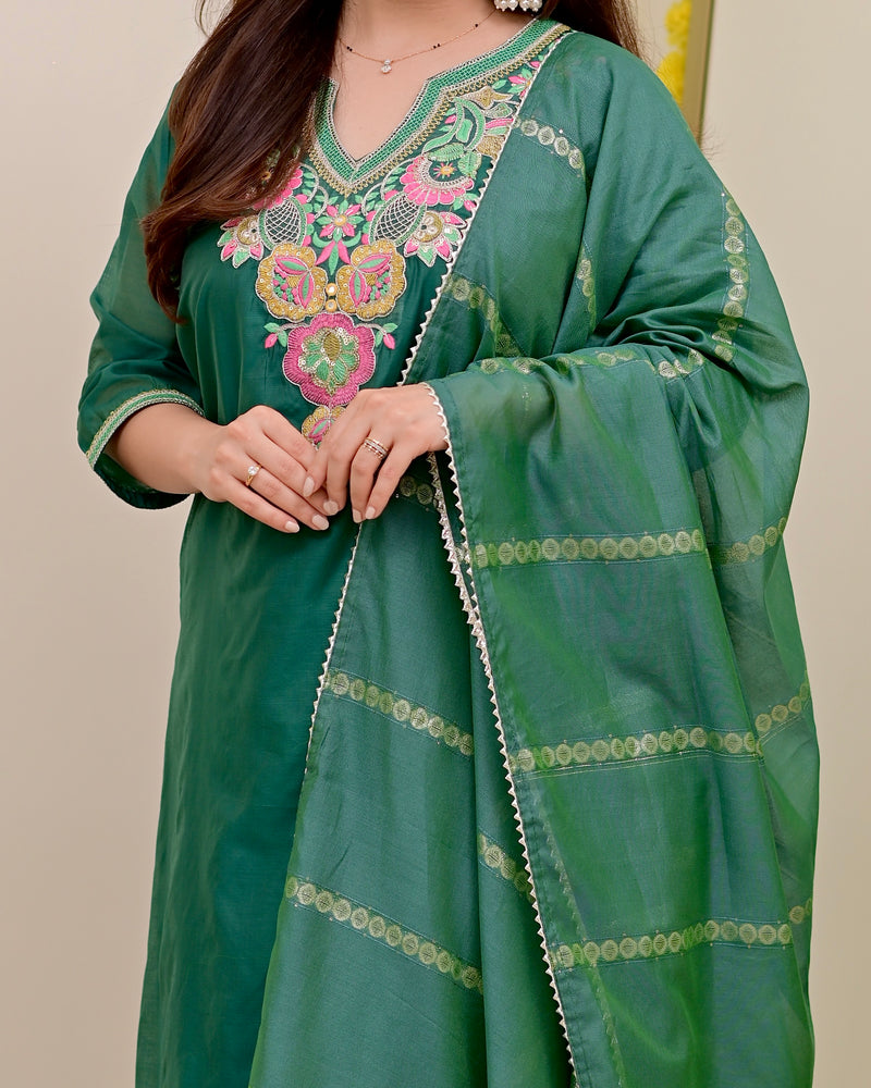 Opal Green Handwork Mul Chanderi Festive Suit