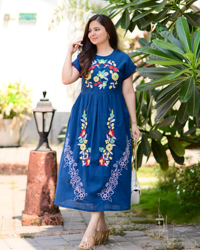 Indigo Blue Threadwork Premium Cotton Dress