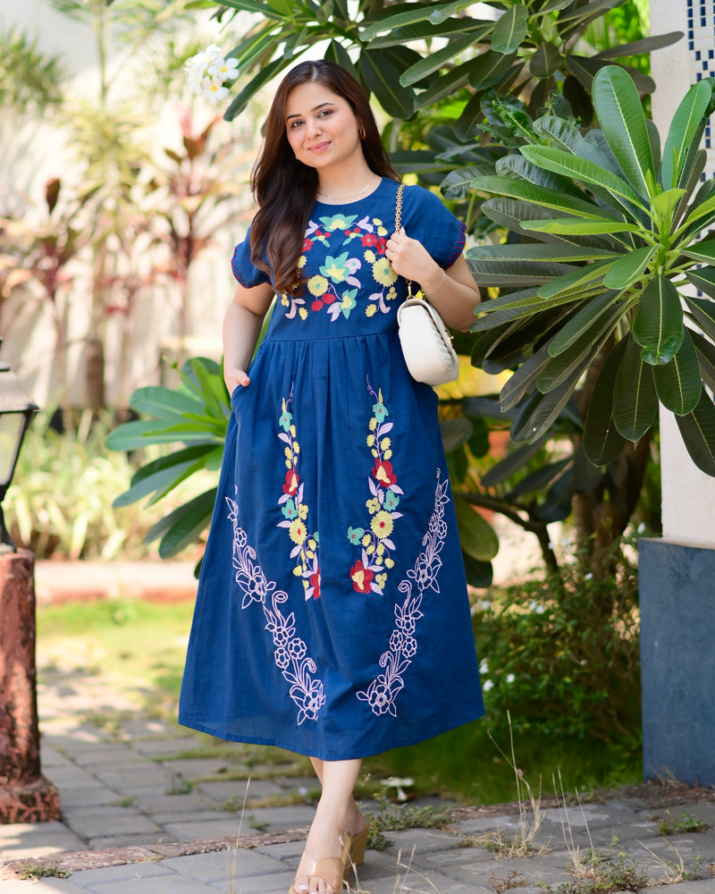 Indigo Blue Threadwork Premium Cotton Dress