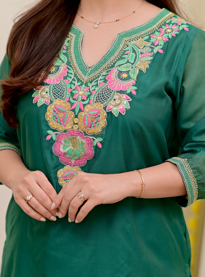 Opal Green Handwork Mul Chanderi Festive Suit
