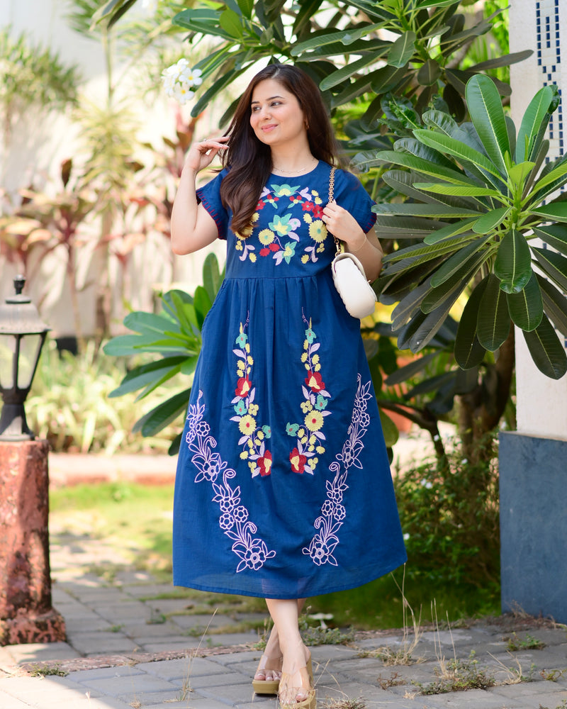 Indigo Blue Threadwork Premium Cotton Dress