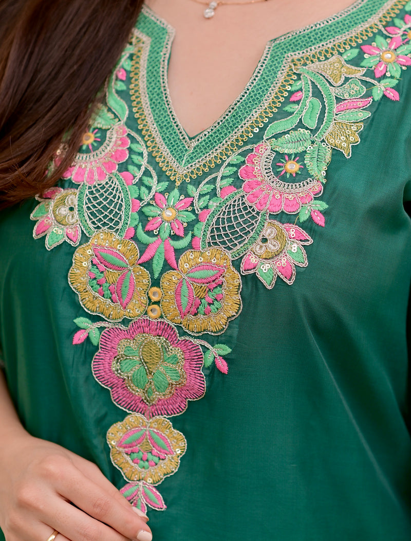 Opal Green Handwork Mul Chanderi Festive Suit