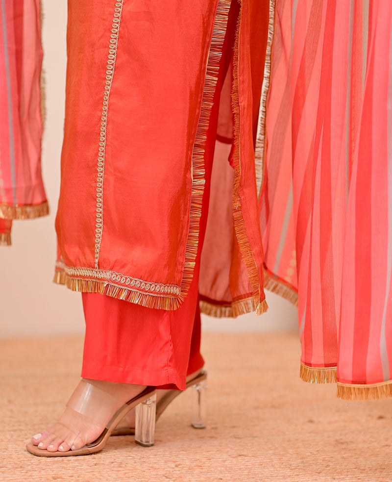 Crimson Orange Shimmer Tissue Handwork Festive Suit