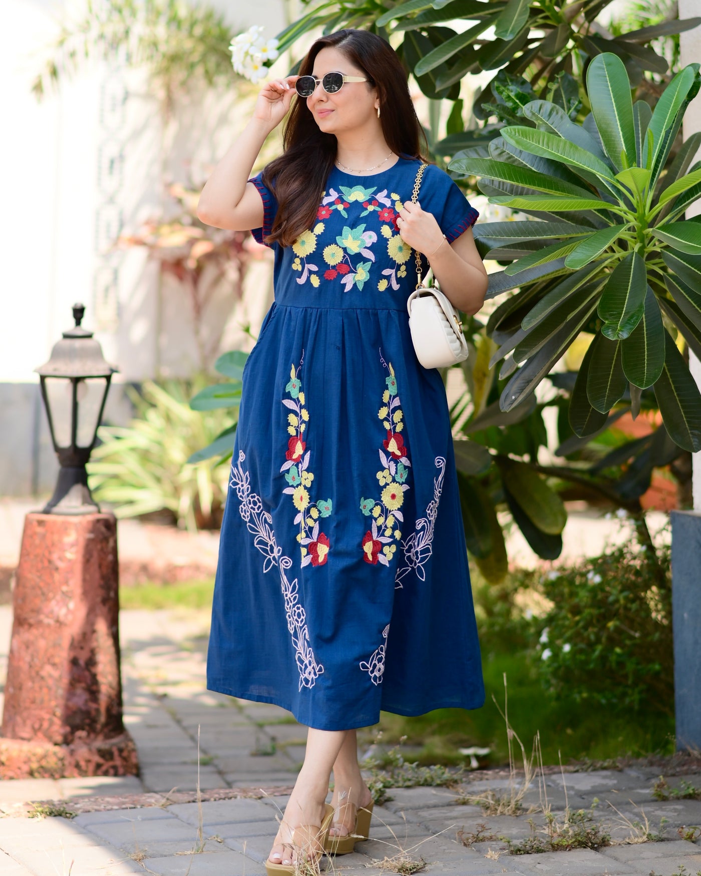 Navy Blue Threadwork Premium Cotton Designer Maxi Dress For Women Label Madhuri Thakkar Navy Blue Threadwork Premium Cotton Designer Maxi Dress For Women Label Madhuri Thakkar
