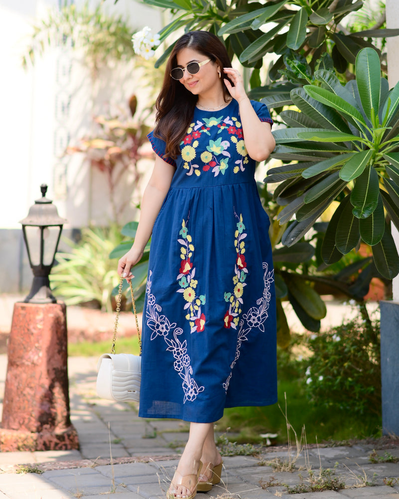 Indigo Blue Threadwork Premium Cotton Dress