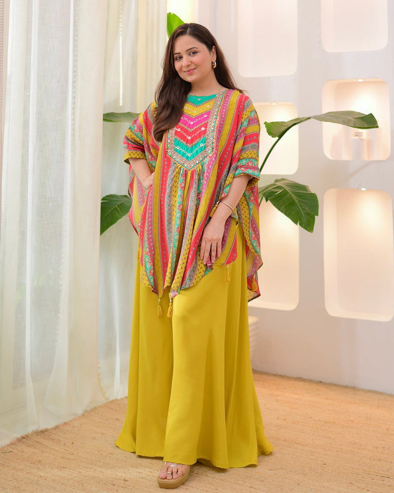 Yellow Multi Muse Handwork Kaftan Crepe Sharara Set