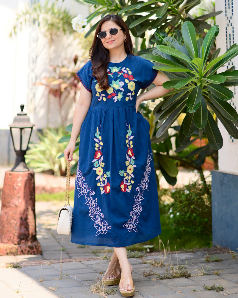 Indigo Blue Threadwork Premium Cotton Dress