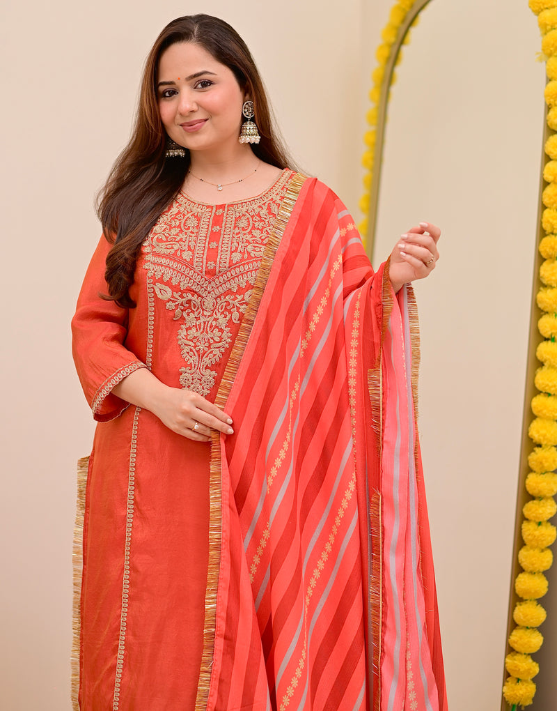 Crimson Orange Shimmer Tissue Handwork Festive Suit