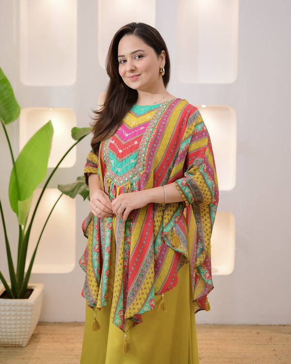 Yellow Multi Muse Handwork Kaftan Crepe Sharara Set