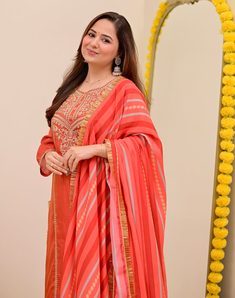 Crimson Orange Shimmer Tissue Handwork Festive Suit