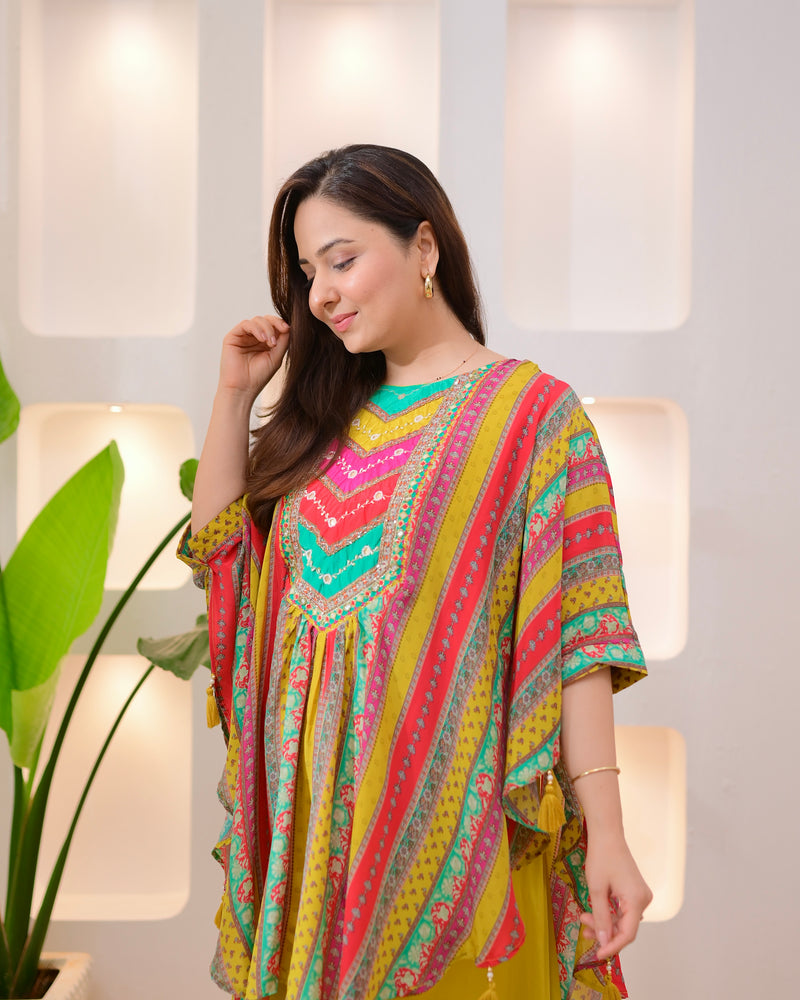 Yellow Multi Muse Handwork Kaftan Crepe Sharara Set