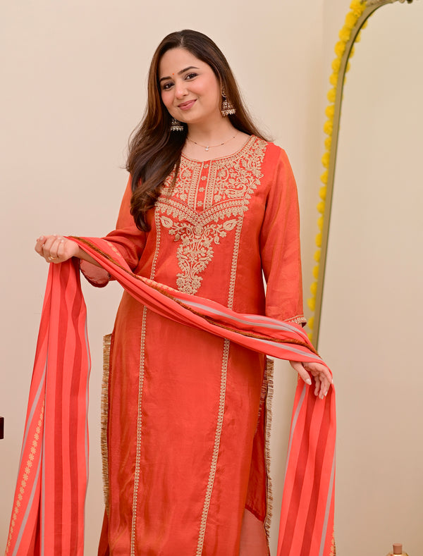 Crimson Orange Shimmer Tissue Handwork Festive Suit