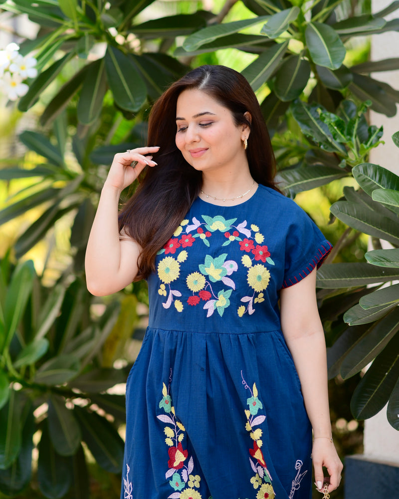 Indigo Blue Threadwork Premium Cotton Dress
