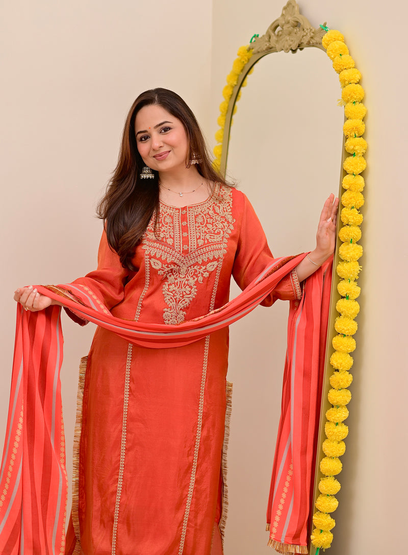 Crimson Orange Shimmer Tissue Handwork Festive Suit