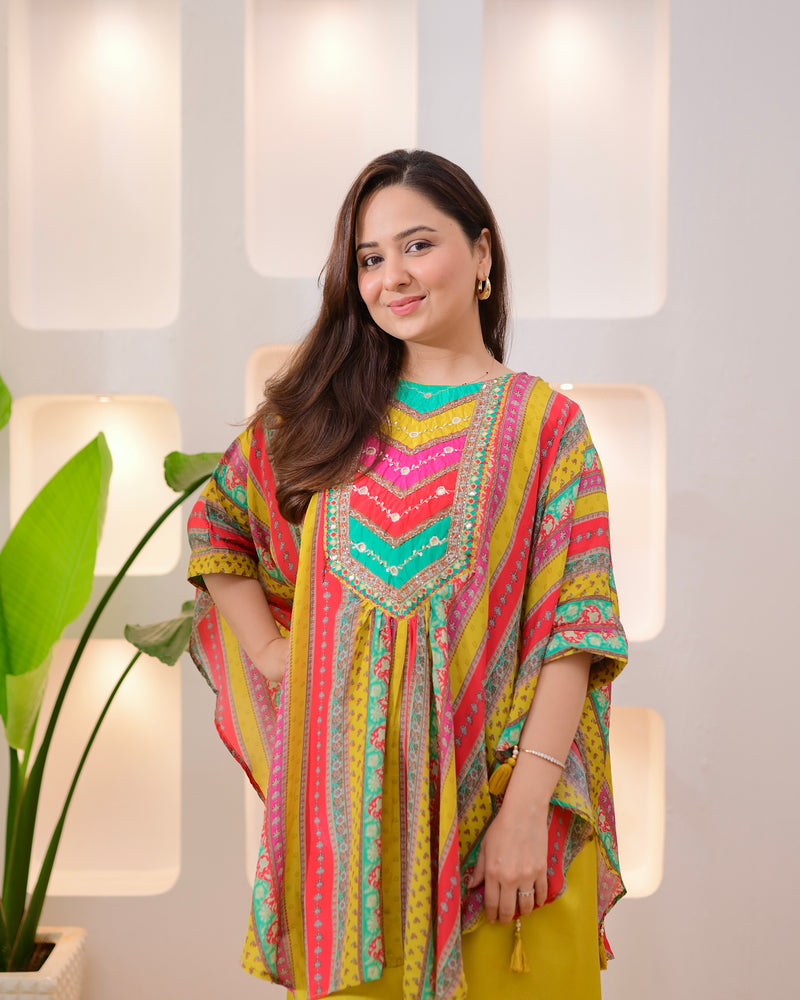 Yellow Multi Muse Handwork Kaftan Crepe Sharara Set