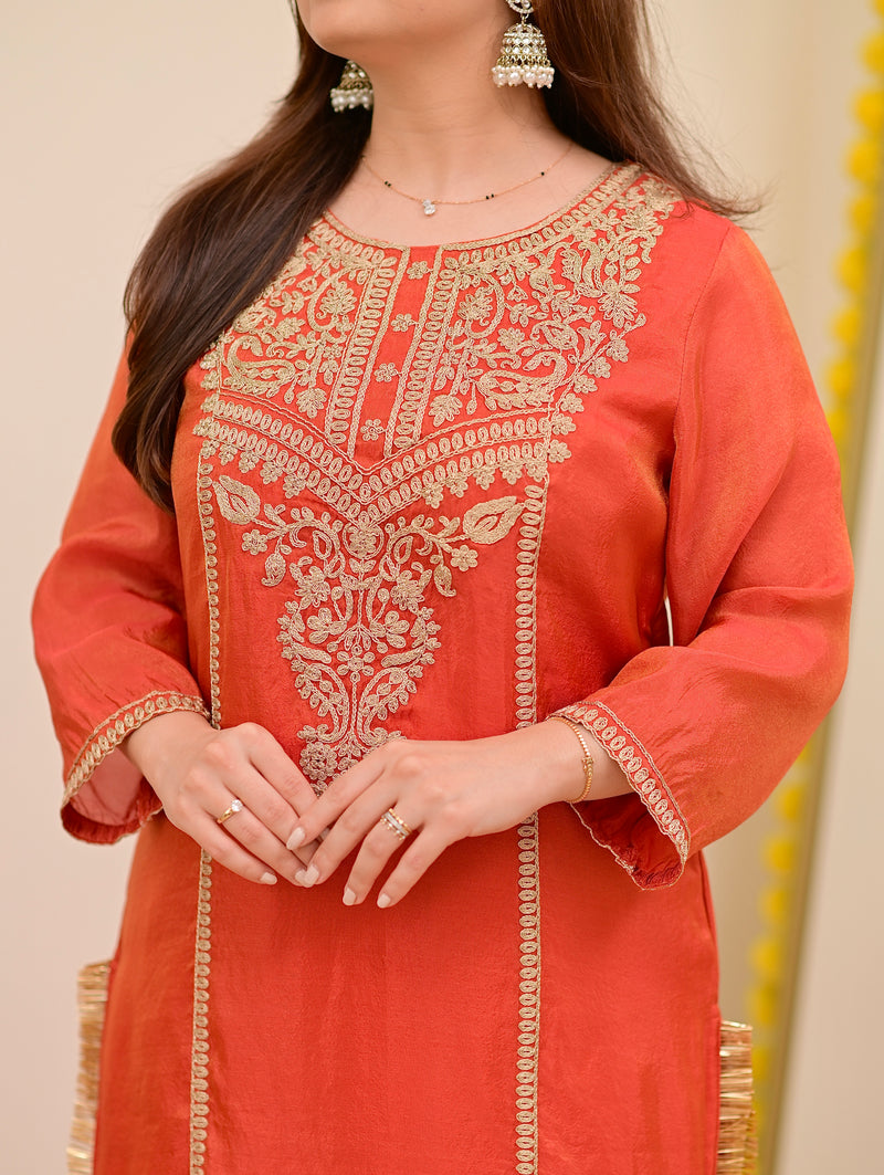 Crimson Orange Shimmer Tissue Handwork Festive Suit