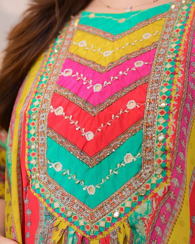 Yellow Multi Muse Handwork Kaftan Crepe Sharara Set