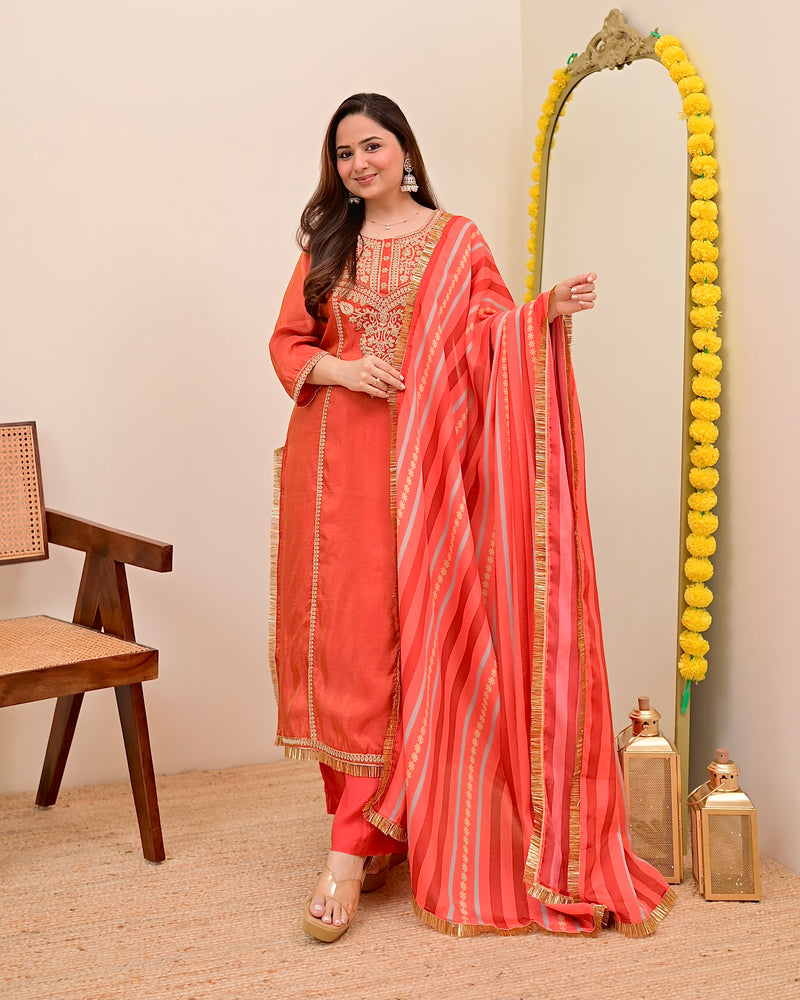 Crimson Orange Shimmer Tissue Handwork Festive Suit