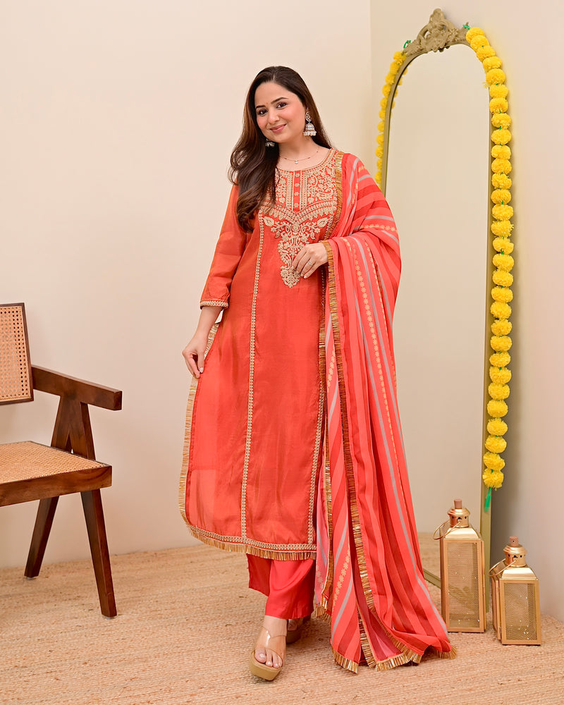 Crimson Orange Shimmer Tissue Handwork Festive Suit