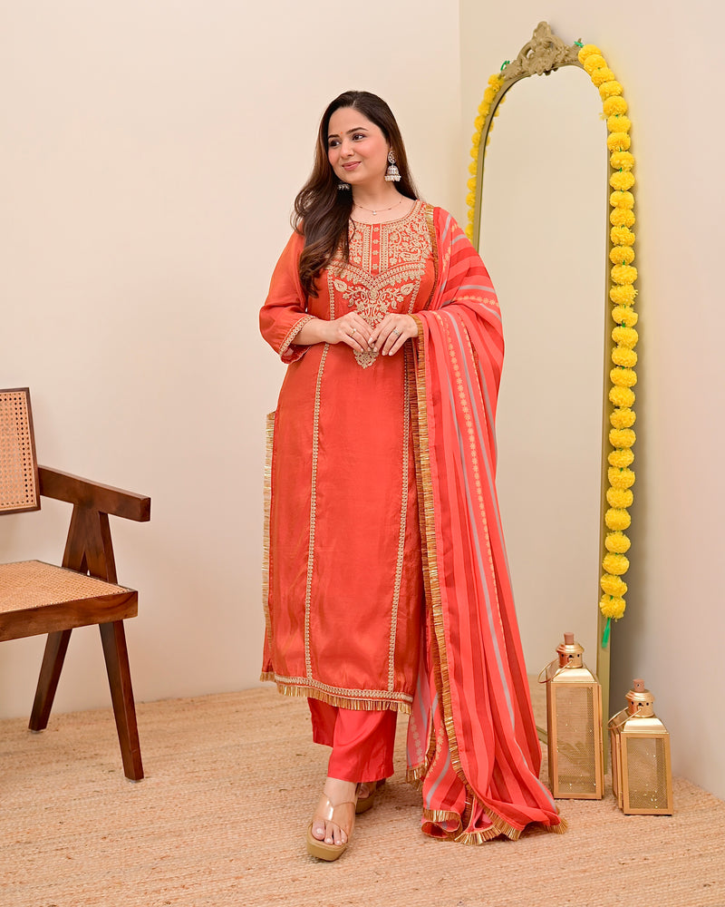 Crimson Orange Shimmer Tissue Handwork Festive Suit
