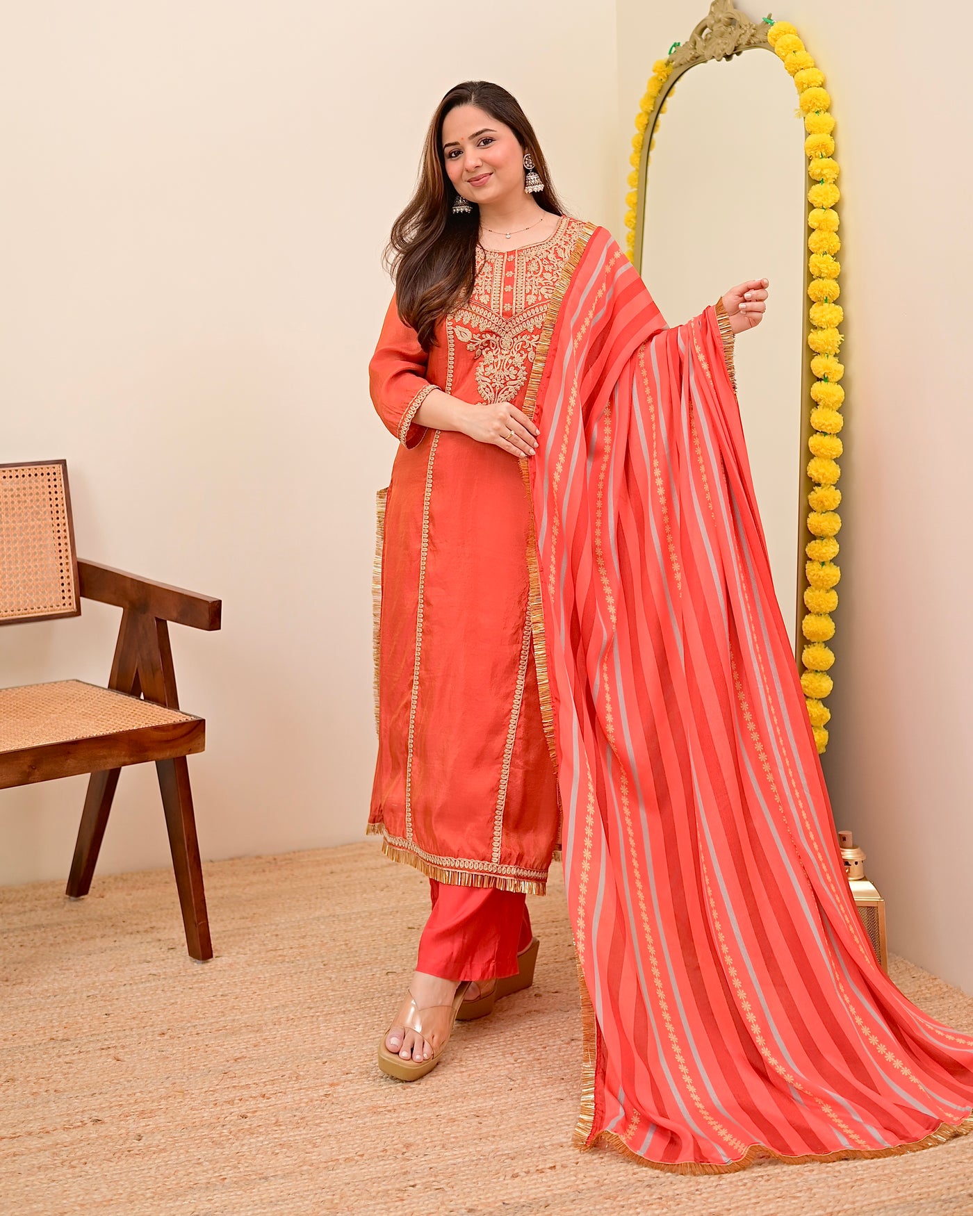 Crimson Orange Shimmer Tissue Handwork Festive Suit