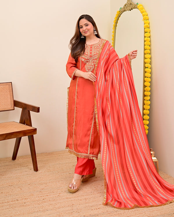 Crimson Orange Shimmer Tissue Handwork Festive Suit