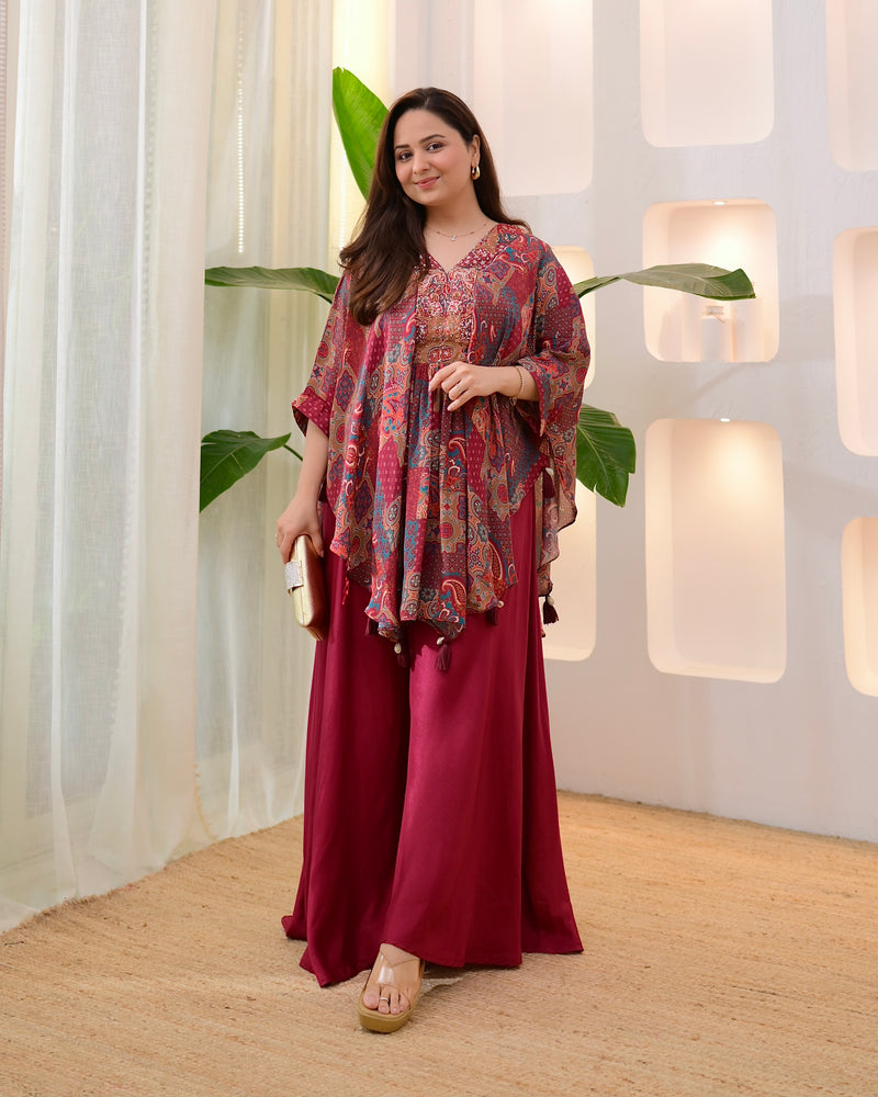 Maroon Muse Handwork Kaftan Crepe Sharara Set
